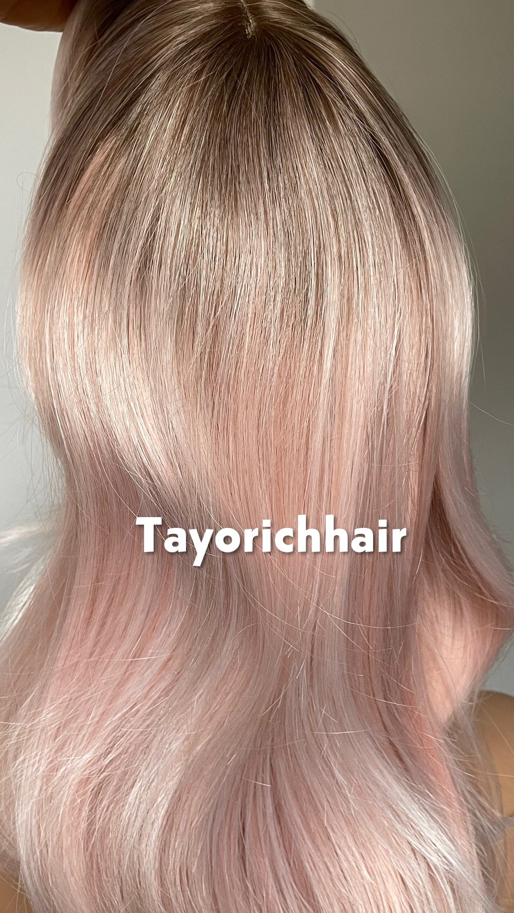 Baby Pink Wig with Dark Roots & Blonde Highlights | 18” Layered Wavy Heat-Safe Synthetic Wig | Bangs | Glueless | Tayorichhair