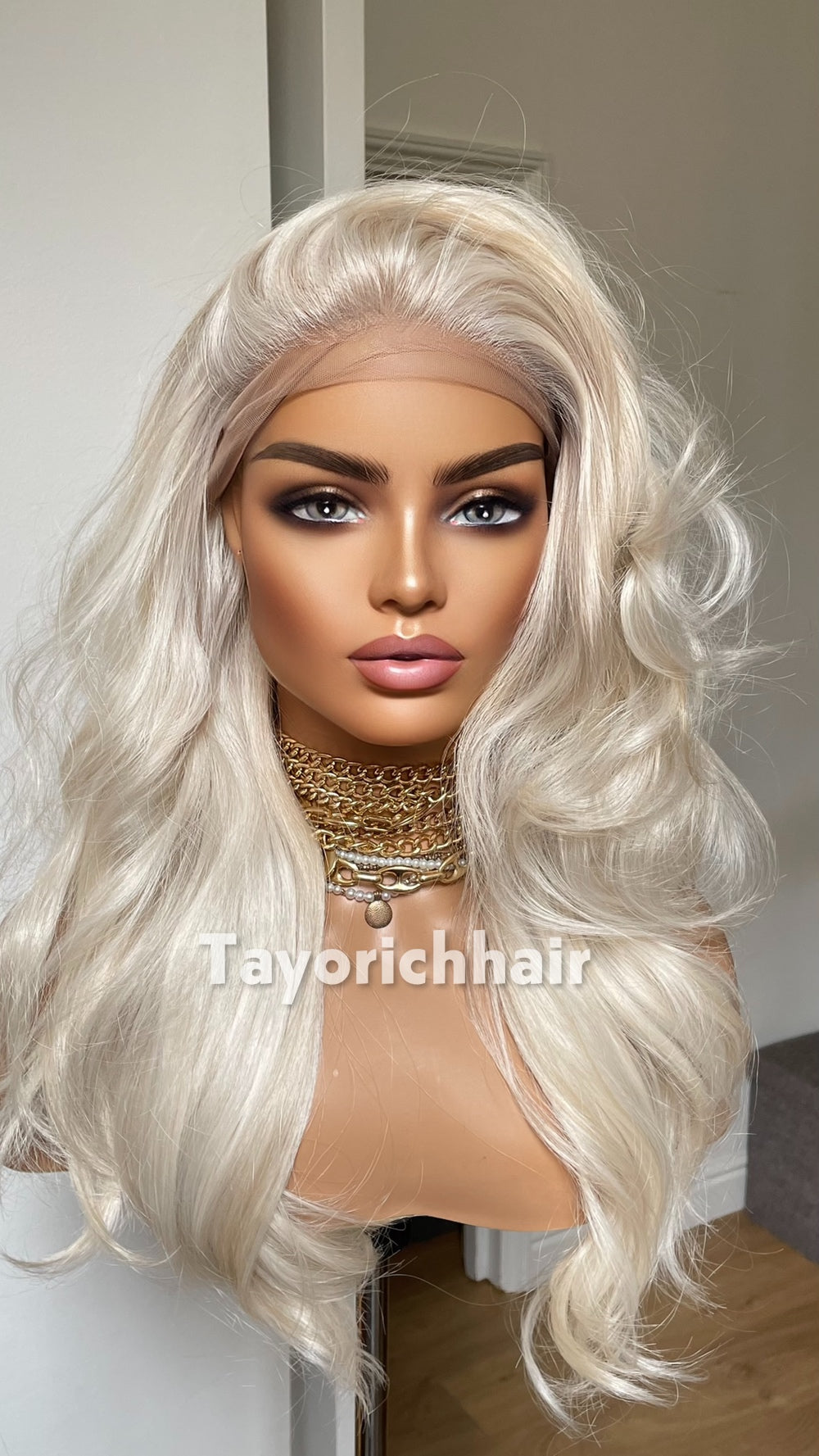 Tayorichhair Premium 16" Heat-Safe Synthetic Hair Wig – Platinum Blonde with Mild Lowlights, Pre-Plucked 13x6 Deep Lace Front (Free Parting)