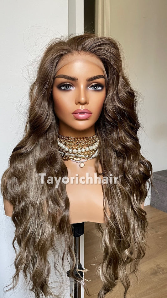 Ash Brown Highlighted Wavy Lace Front Synthetic Wig – 24 Inch Glueless 13x6 Transparent Lace