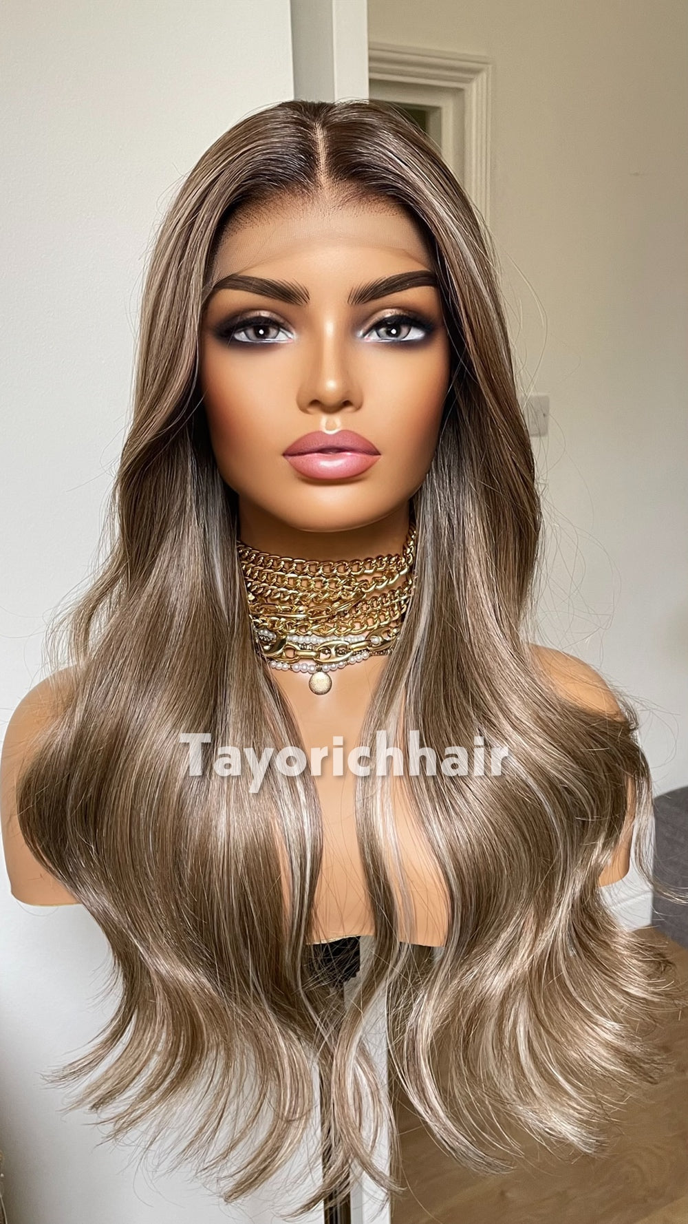 Dark Ash Brown 22” Wavy Wig | Platinum Highlights & 13x4 Lace