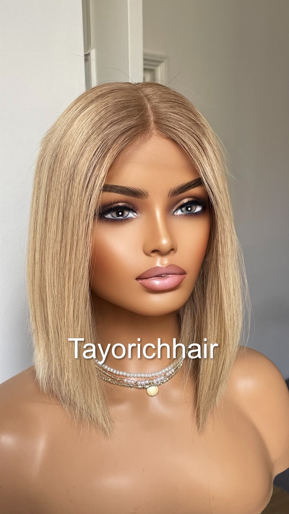 Bob Real Hair Wig/ Ash Blonde Front  Top Wig With Dark Brown Roots/ European Hair Wig