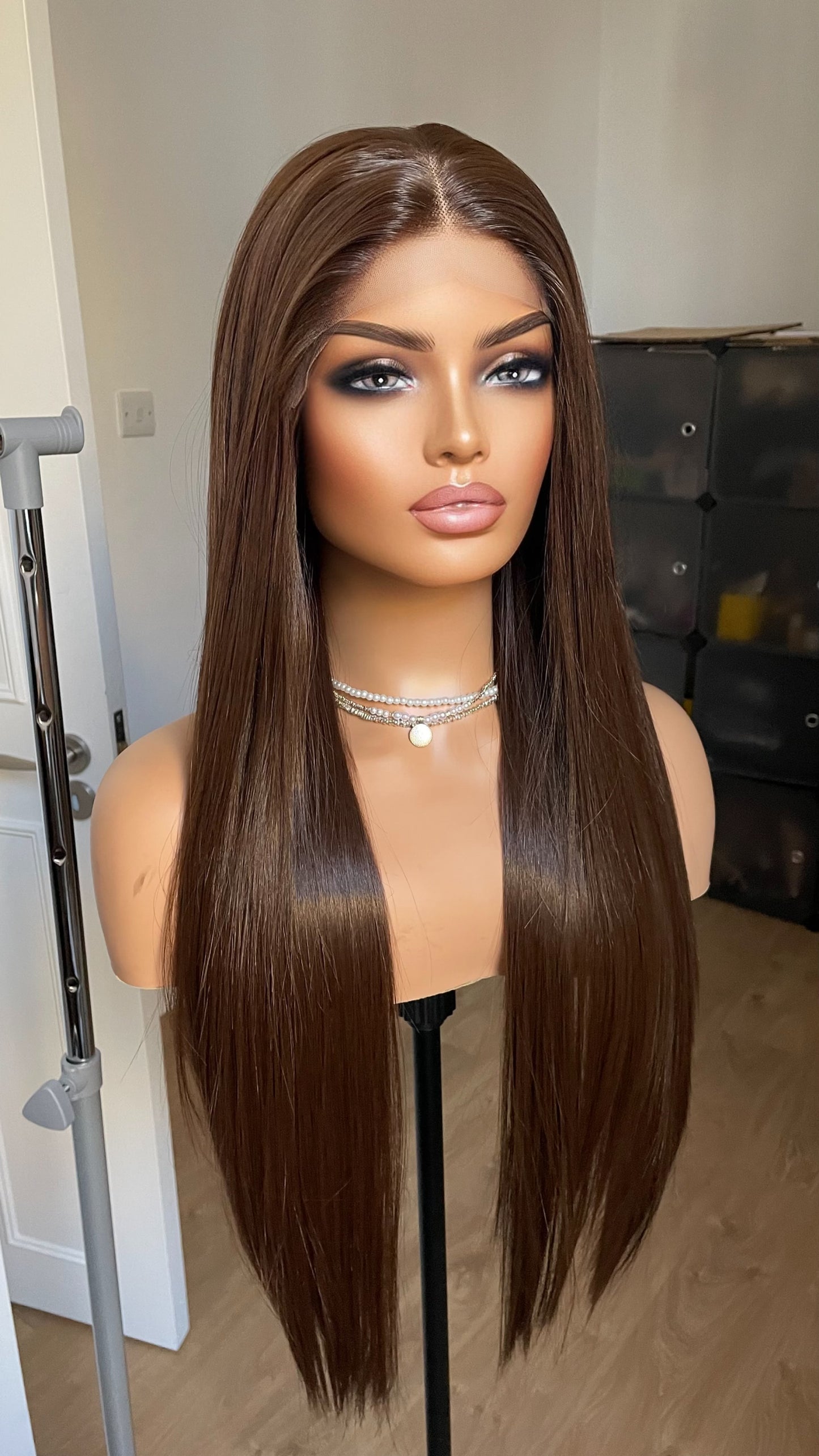 Dark Brunette Brown Lace Front Straight Wig For Women Natural Looking 13x3 Lace Front Wig With Realistic Hair Line Heat Friendly Synthetic