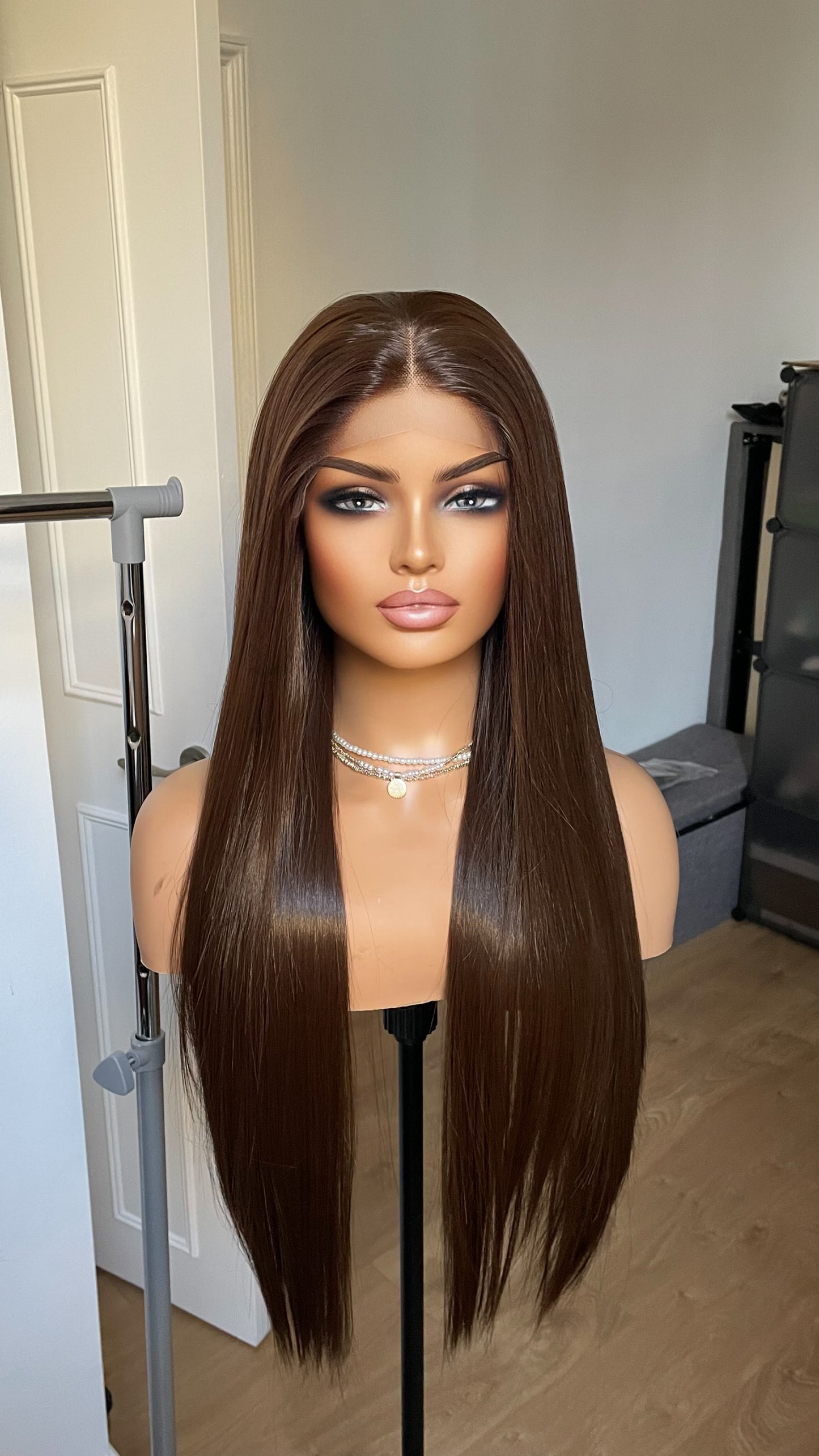 Dark Brunette Brown Lace Front Straight Wig For Women Natural Looking 13x3 Lace Front Wig With Realistic Hair Line Heat Friendly Synthetic