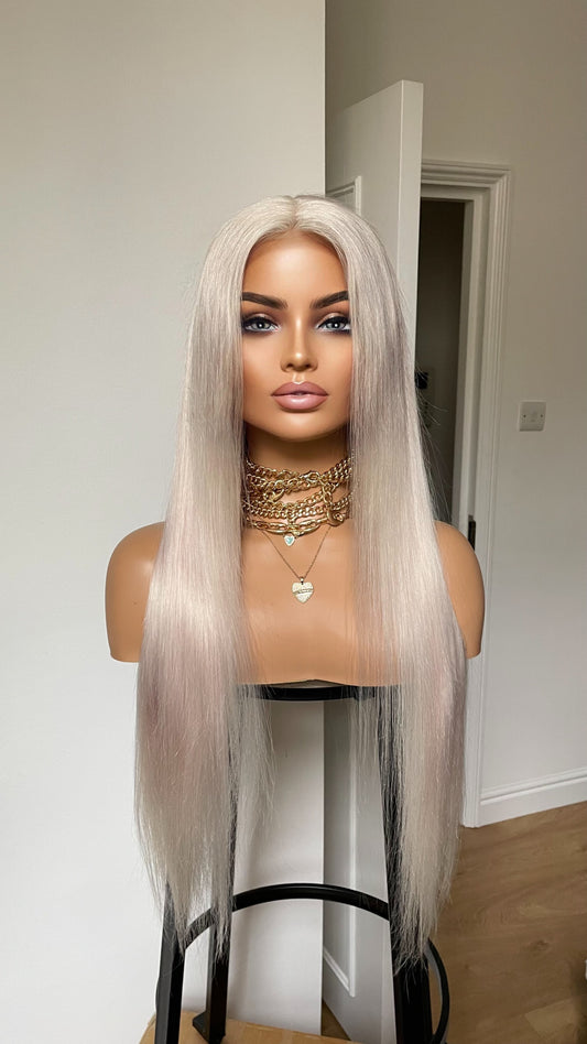Platinum Blonde Straight Human Hair Wig In 24 Inches•HD Lace Front Wig With Free Part•Soft Hair Wig For Women Hairloss Alopecia•180% Density