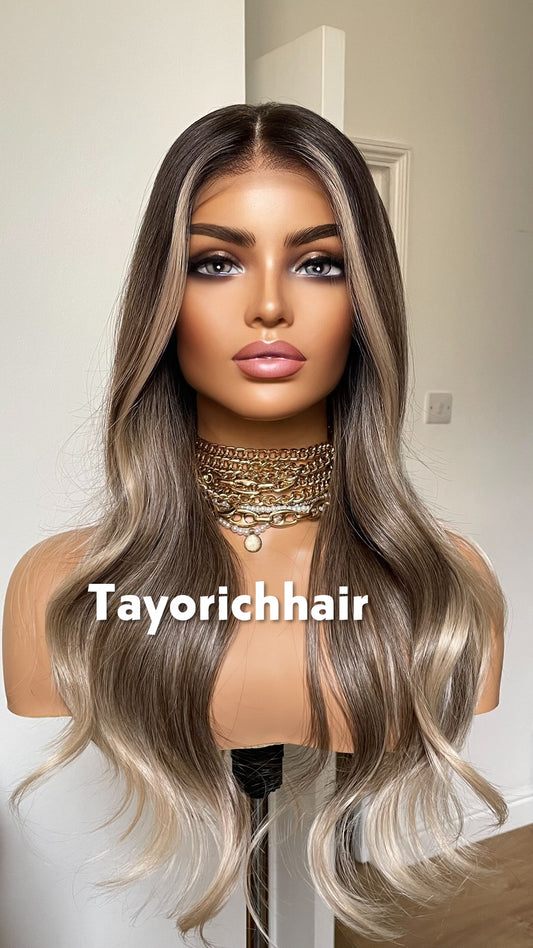 Tayorichhair 20" Dark Ash Blonde Wavy Synthetic Wig – 13x4 Transparent Lace, Glueless Money Piece Highlights (150% Density)