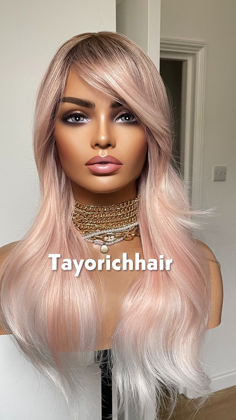Baby Pink Wig with Dark Roots & Blonde Highlights | 18” Layered Wavy Heat-Safe Synthetic Wig | Bangs | Glueless | Tayorichhair