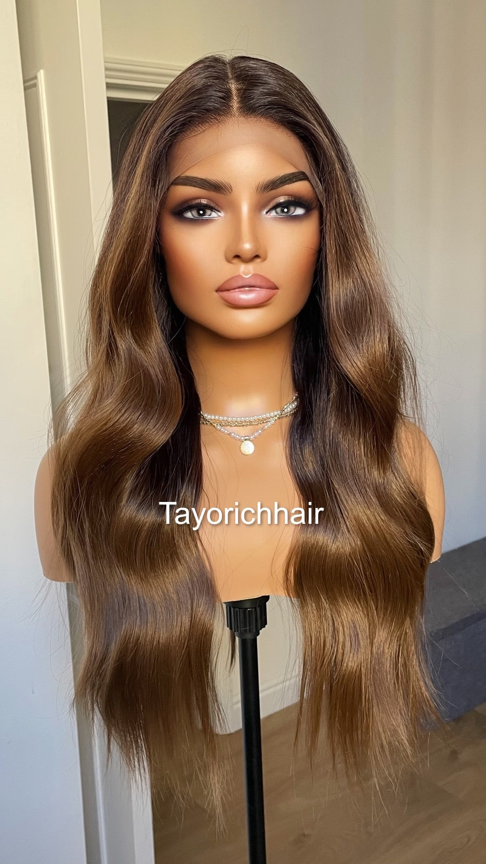 Brown And Black Synthetic Lace Front Wig With Black Roots/Middle Part Brown Wig With 13 By 6 Lace Frontal/Wigs For Brunettes By Tayorichhair