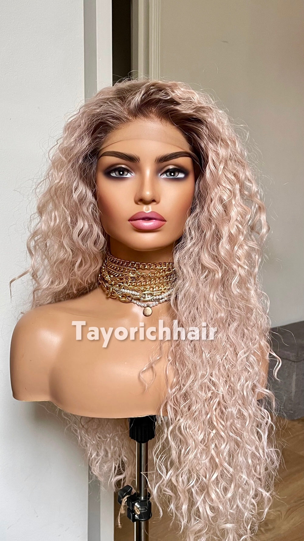 Pale Pink Curly Synthetic Lace Front Wig with Brown Roots – 22 Inch