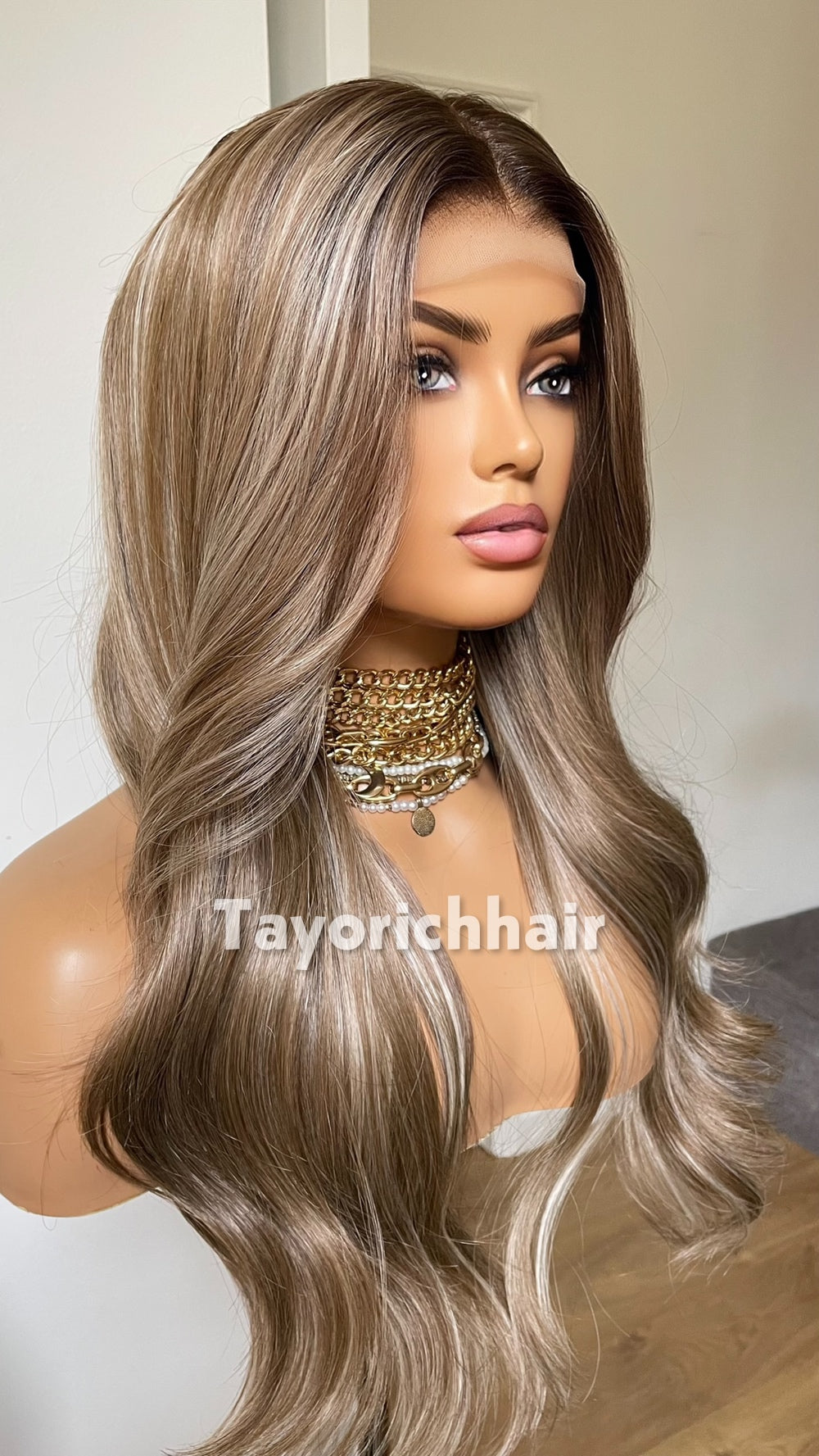 Dark Ash Brown 22” Wavy Wig | Platinum Highlights & 13x4 Lace