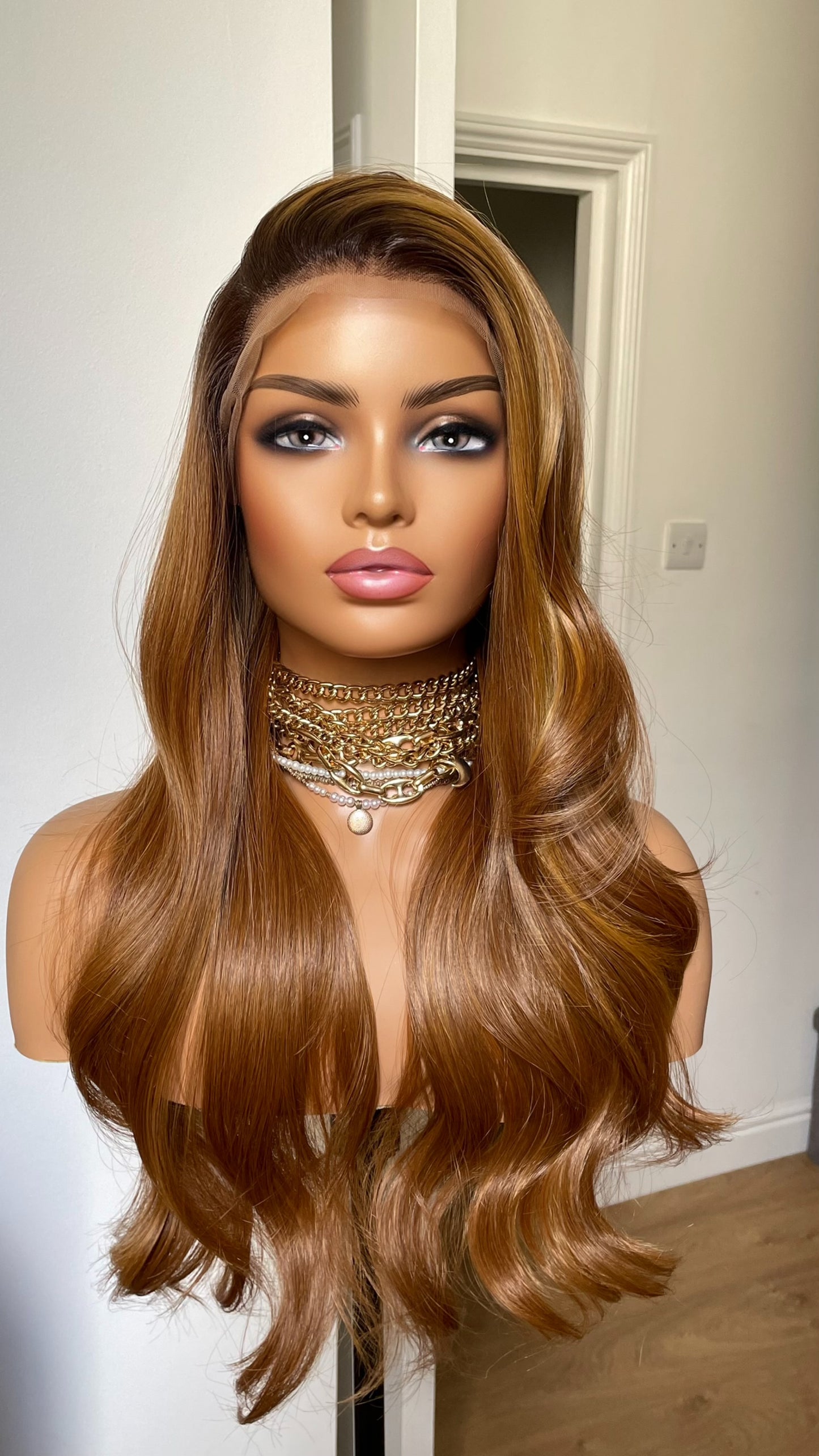 Ginger Synthetic Lace Front Wig With Highlights; Dark Roots, Wavy Hair