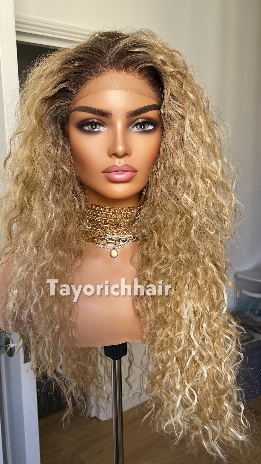 Strawberry Blonde Beach Curly Wig | 22” Layered Heat Safe Synthetic Wig | Blonde Streaks & Dark Roots | 13x3 Transparent Lace | Tayorichhair