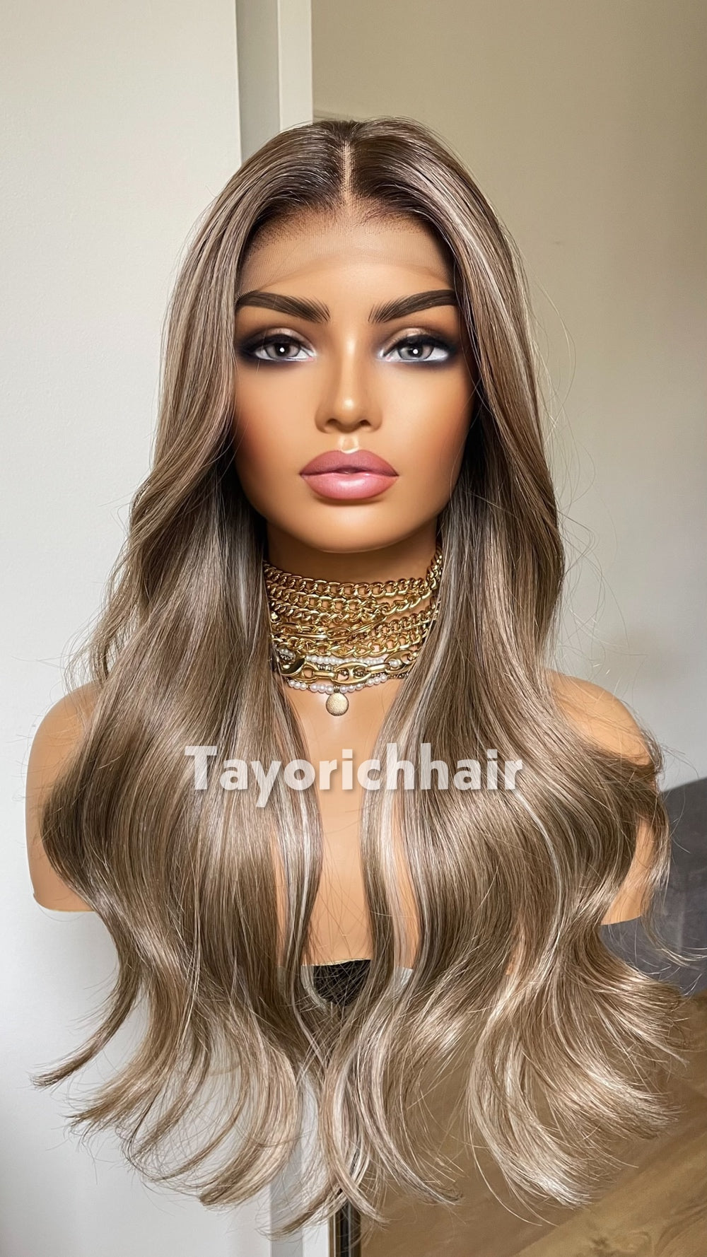 Dark Ash Brown 22” Wavy Wig | Platinum Highlights & 13x4 Lace