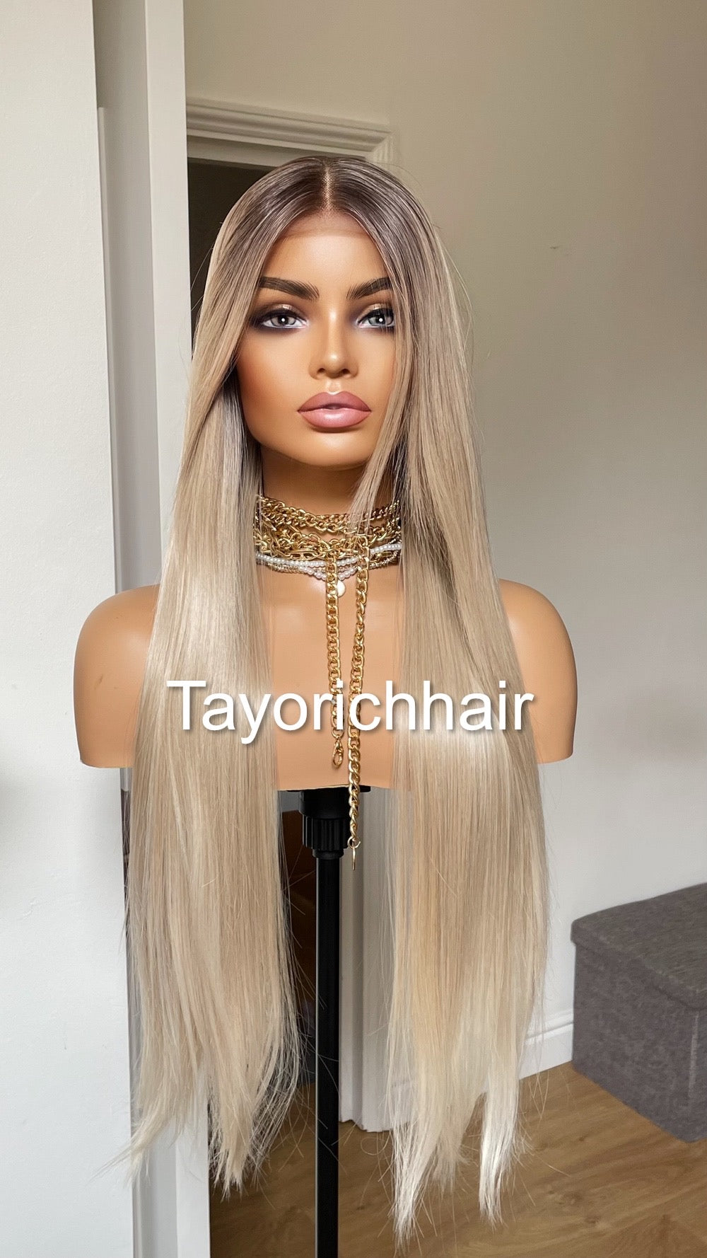 Rooted Pearl Blonde Heat Friendly Synthetic Lace Frontal Wig With 13 By 6 Wide Lace/ Straight Blonde Hair Wig Fror Women/Tayorichhair Wigs