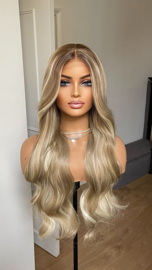 Mixed Ash And Platinum Blonde Synthetic Lace Front Wig/ Dark Roots With Preplucked Realistic Hairline Wig/ Natural Looking Wig For Women