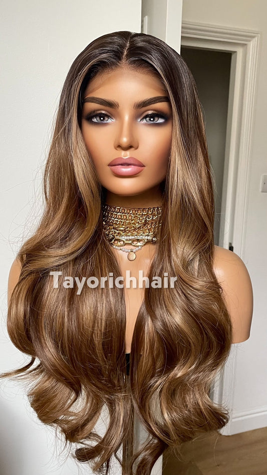 Tayorichhair 26-Inch Multi-Tonal Toffee Brown Bavy Wavy Synthetic Wig – Black Roots, 13x4 Transparent Lace Front, Medium Cap Elegant Daily Wear Unit
