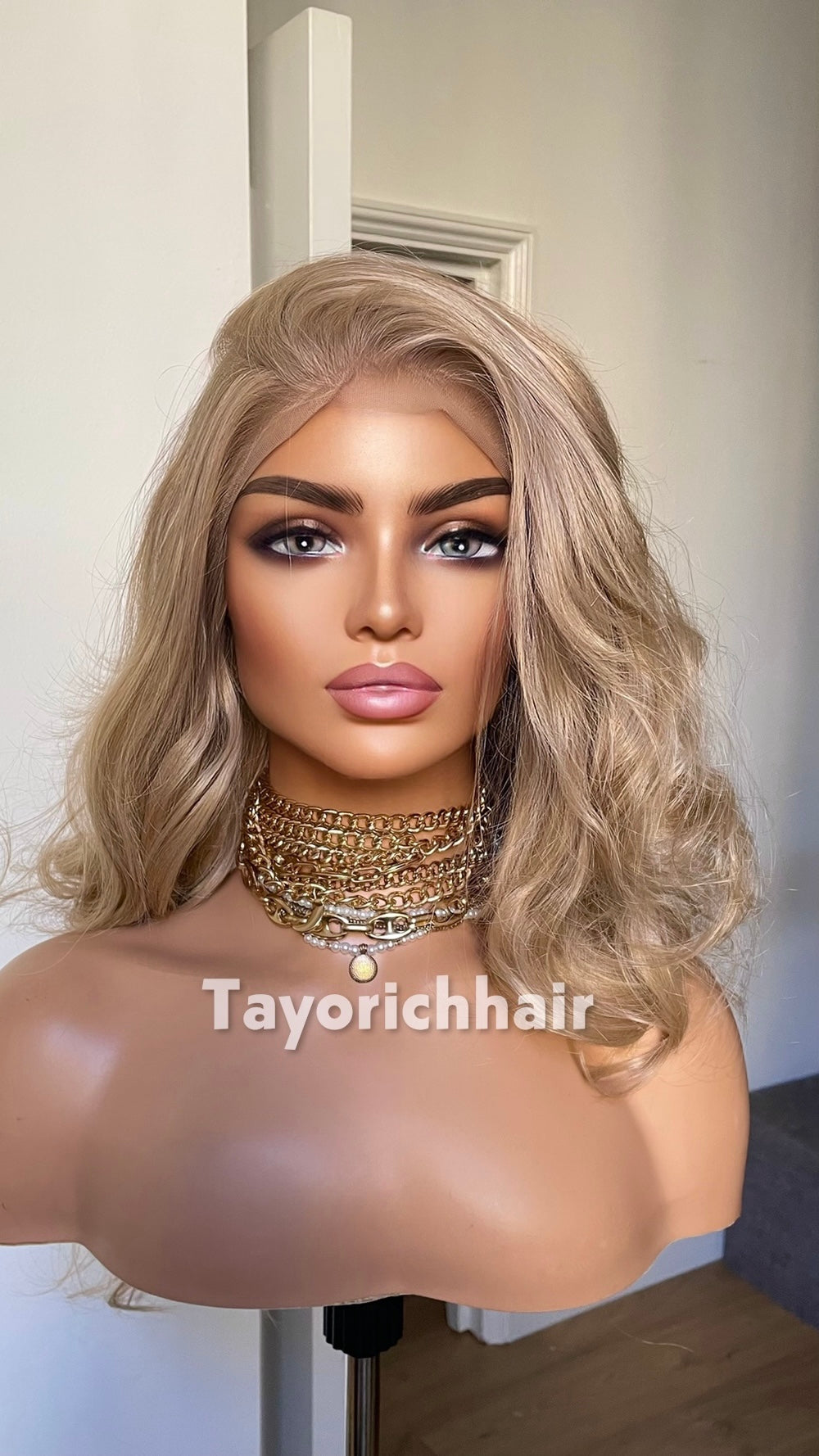 Natural Ash Blonde Spiral Curly Wig | 16” Heat Safe Synthetic Lace Front Wig | 13x6 Transparent Lace | Free Part | Vintage Hollywood Elegance | Tayorichhair