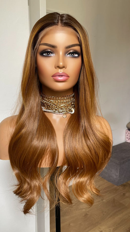 Ginger Synthetic Lace Front Wig With Highlights; Dark Roots, Wavy Hair