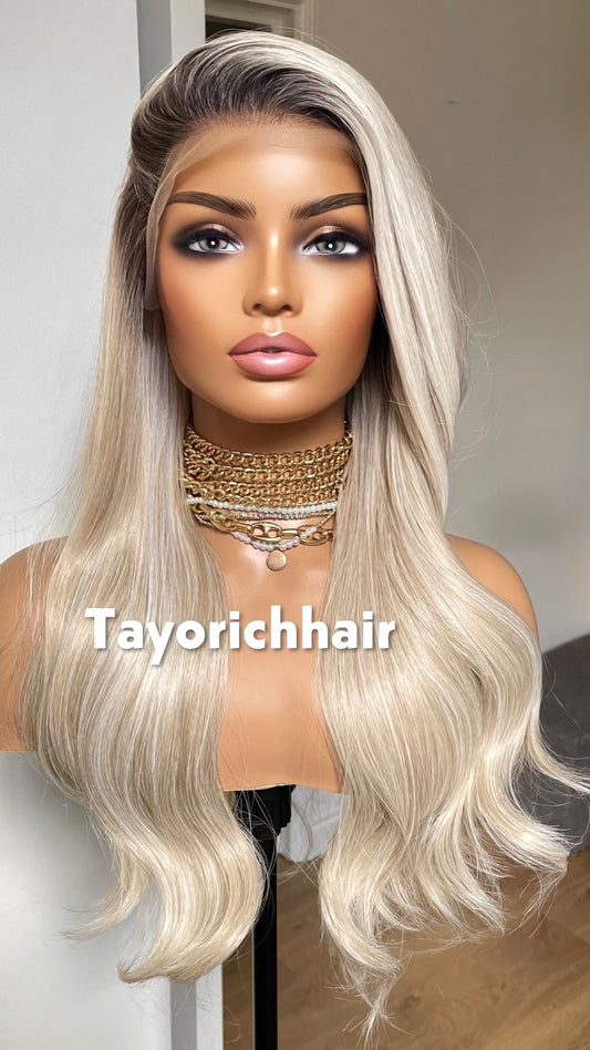 Rooted Champagne Blonde Lace Front Wig: 20 Inch Wavy Hair, Alopecia, Hairloss Wigs By Tayorichhair