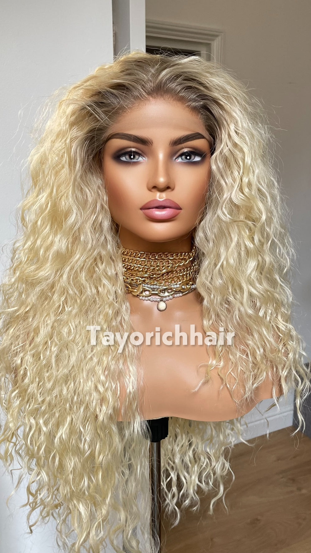 Bleach Blonde Curly Wig with Dark Roots | 20” Lightweight