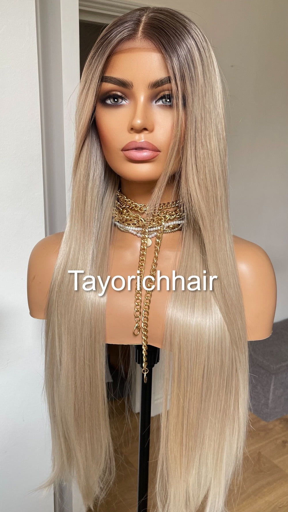 Rooted Pearl Blonde Heat Friendly Synthetic Lace Frontal Wig With 13 By 6 Wide Lace/ Straight Blonde Hair Wig Fror Women/Tayorichhair Wigs