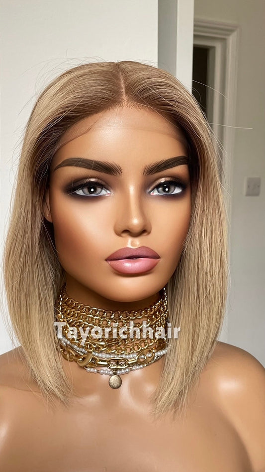 Glueless 12 Inch Blonde Bob Human Hair Wig - 150% Density, Silk Top European Virgin Hair