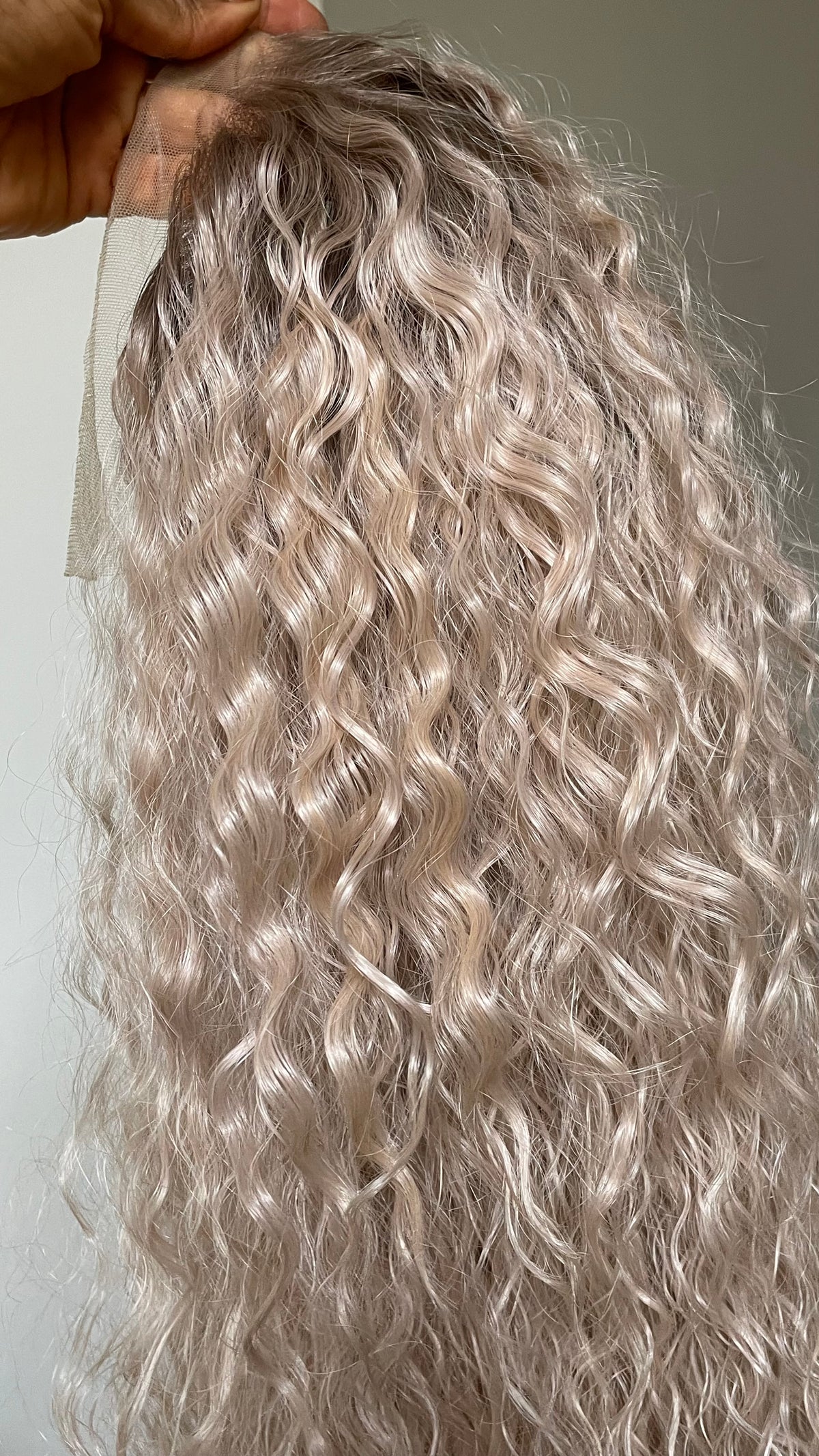 Pale Pink Curly Synthetic Lace Front Wig with Brown Roots – 22 Inch