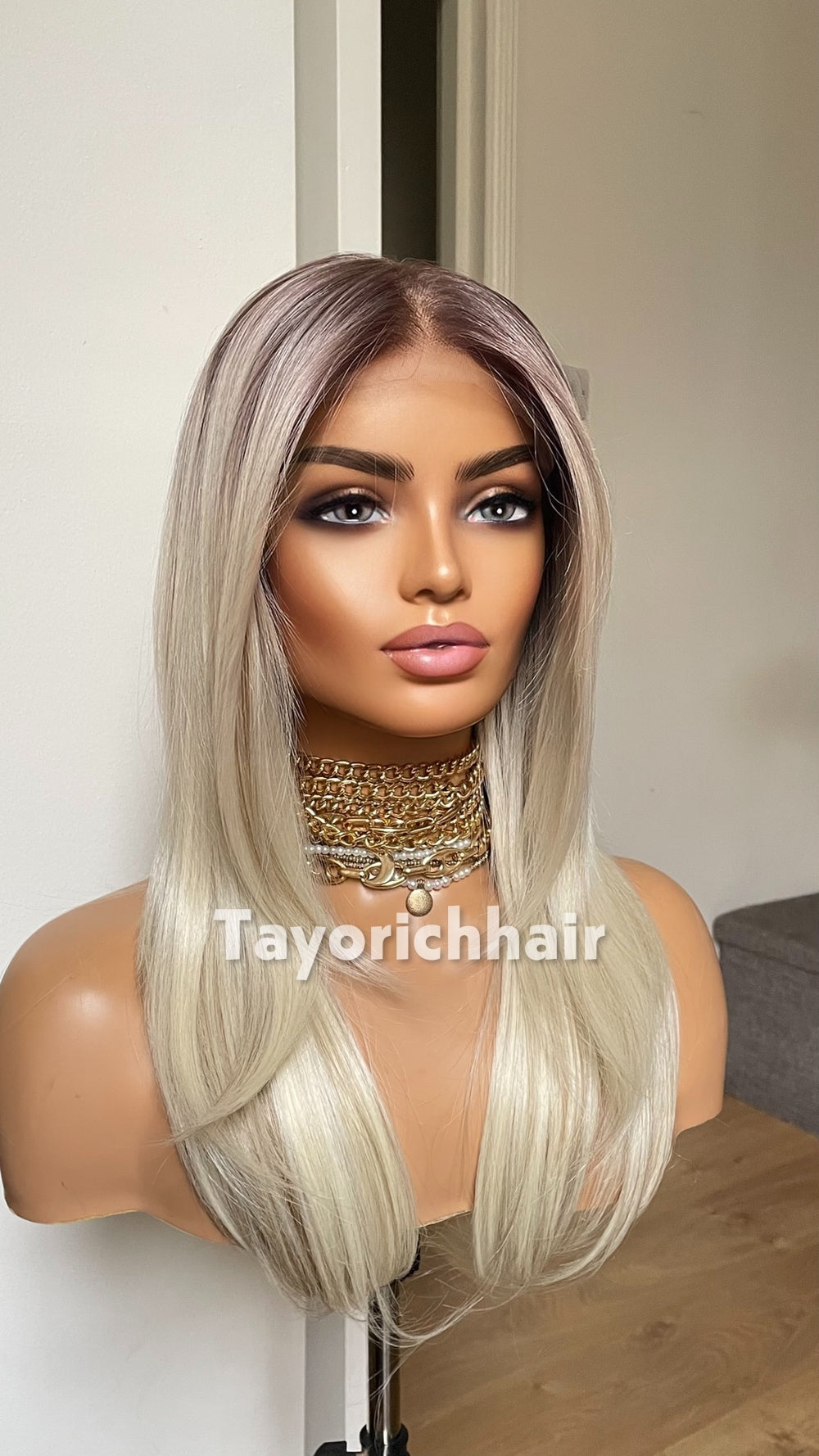 Blonde 16” Feathered Layered Wig | Dark Roots & Lowlight