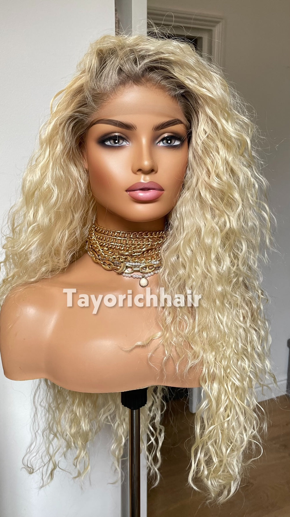 Bleach Blonde Curly Wig with Dark Roots | 20” Lightweight