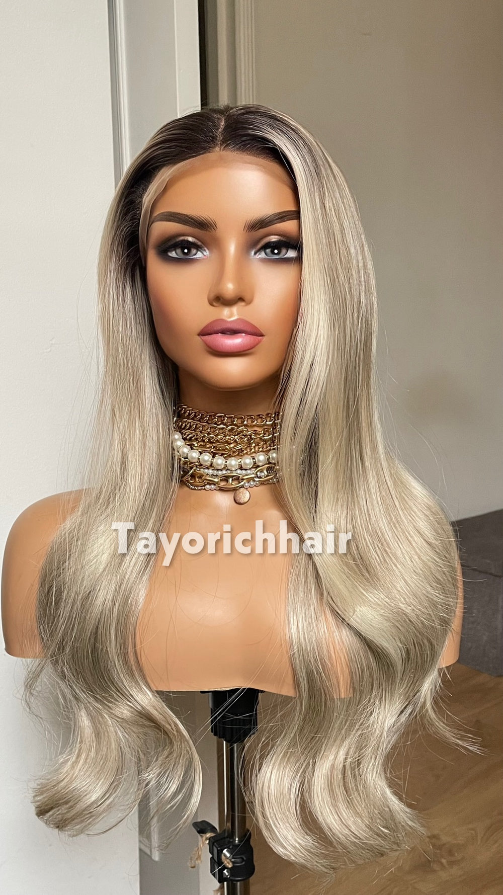 Dark Ash Blonde Synthetic Lace Front Wig with Black Roots & Money Piece Highlights – 18/20 Inch