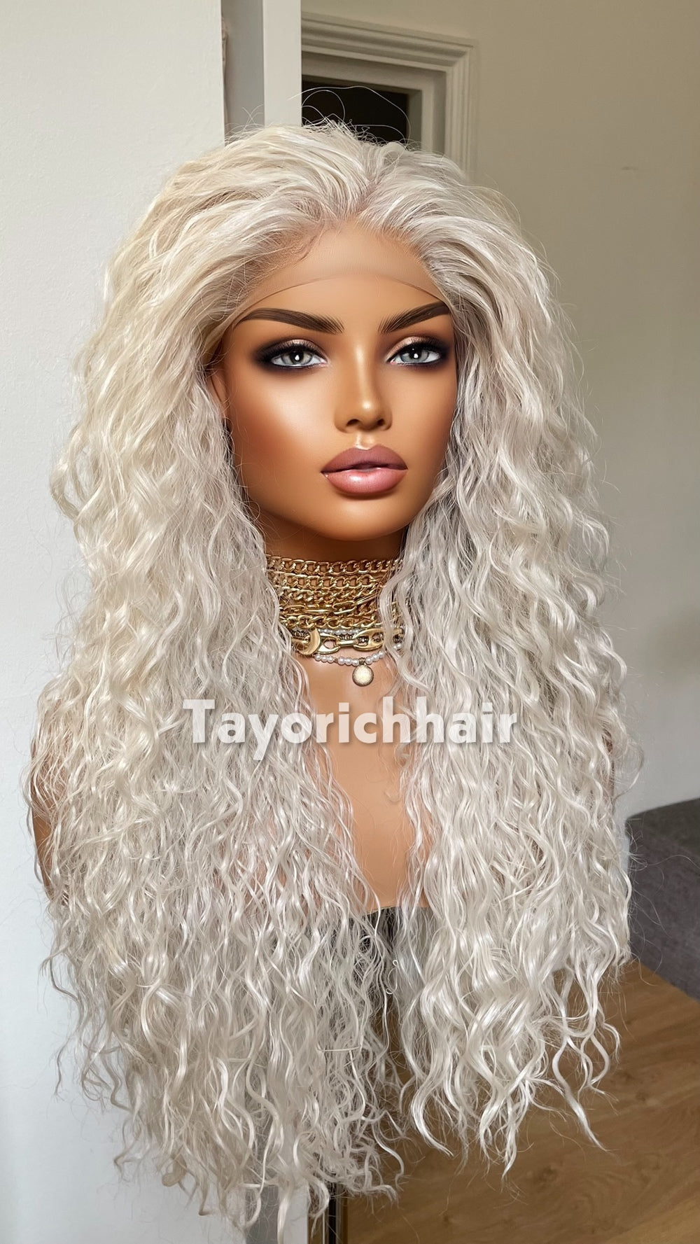 Tayorichhair 22-Inch Platinum Blonde Exotic Curly Synthetic Wig – Dark Roots, 13x3 Transparent Lace Front, Small XS Cap Lightweight Daily Wear Unit
