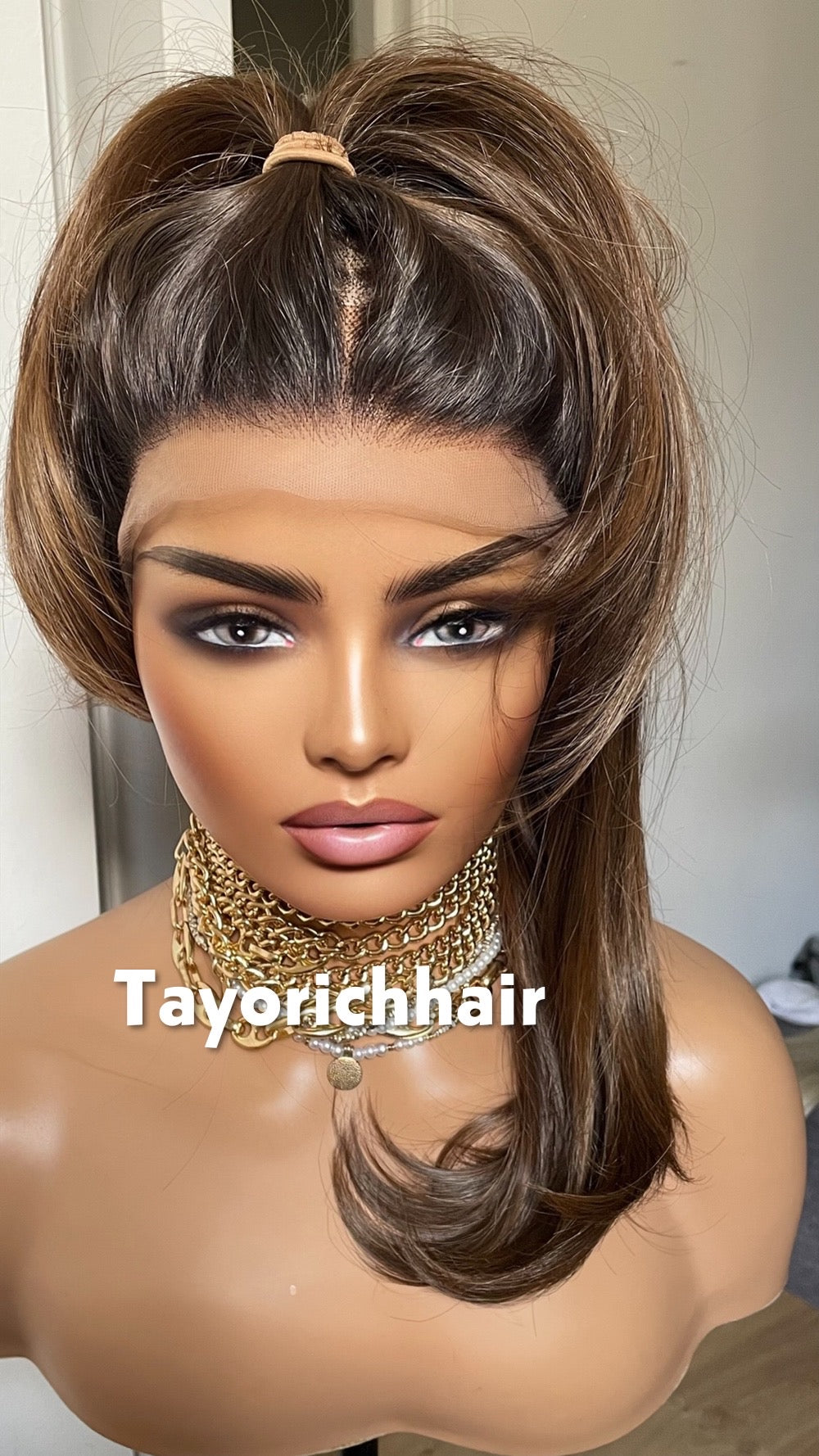 Brown 14-Inch Bob Wig With Highlights; Black Roots, 13by6 Lace Synthetic Wig