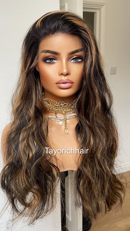 Black Wavy Human Hair Lace Frontal Wig With Blonde Highlights/ HD Lace Wig/ Real Human Hair Wig In 24 Inches/ Tayorichhair Human Hair Wig