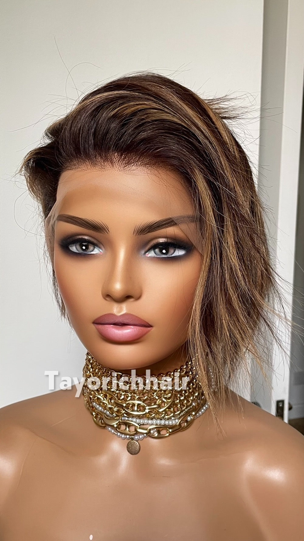 Short Brown Bob Human Hair Wig with Blonde Highlights | Straight 6 Inch Lace Front Wig | Natural Looking Bob Wig