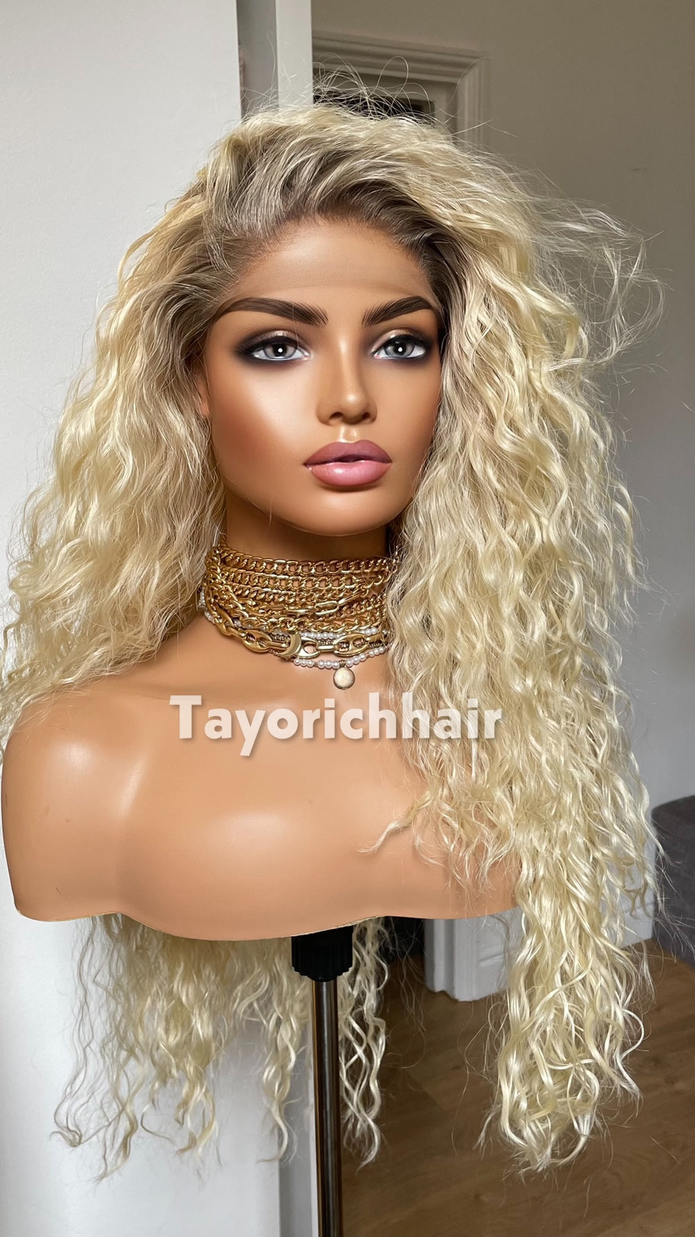 Bleach Blonde Curly Wig with Dark Roots | 20” Lightweight