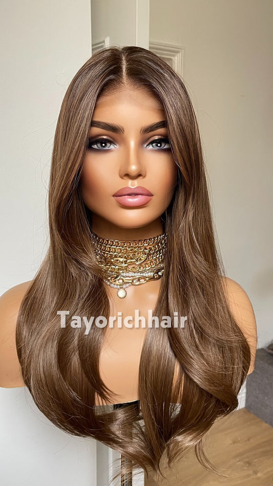 Tayorichhair Elegant 18" Wavy Glueless Synthetic Wig – Rich Brown with Subtle Dark Roots (13x4 Transparent Lace)