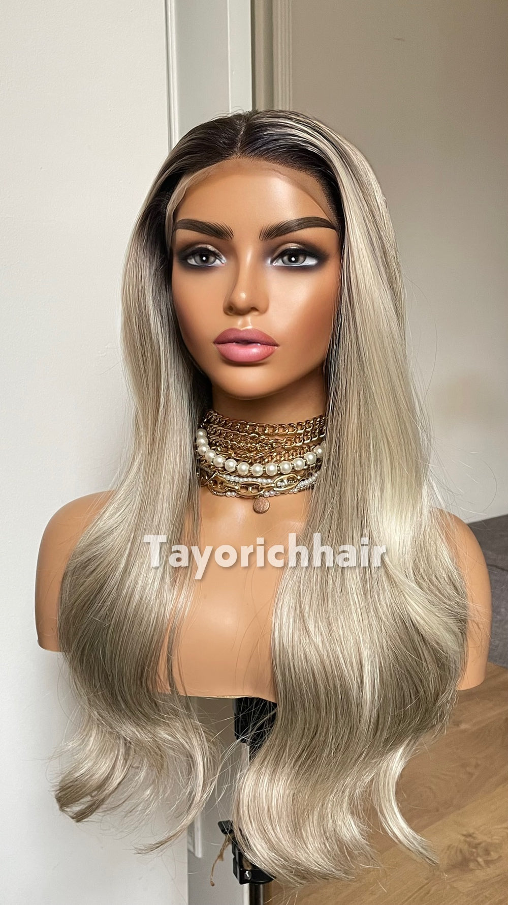 Dark Ash Blonde Synthetic Lace Front Wig with Black Roots & Money Piece Highlights – 18/20 Inch