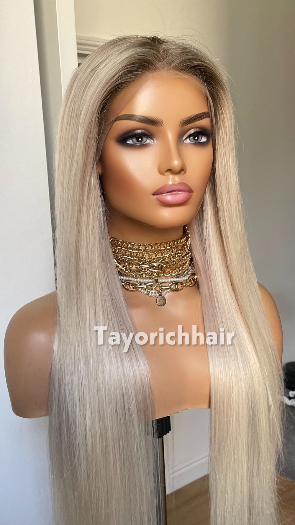 TayoRichHair 13x4 HD Lace Front Ash Platinum Blonde Straight Wig – 100% Human Hair (24 Inch, 200% Density, Dark Roots, Average Cap)
