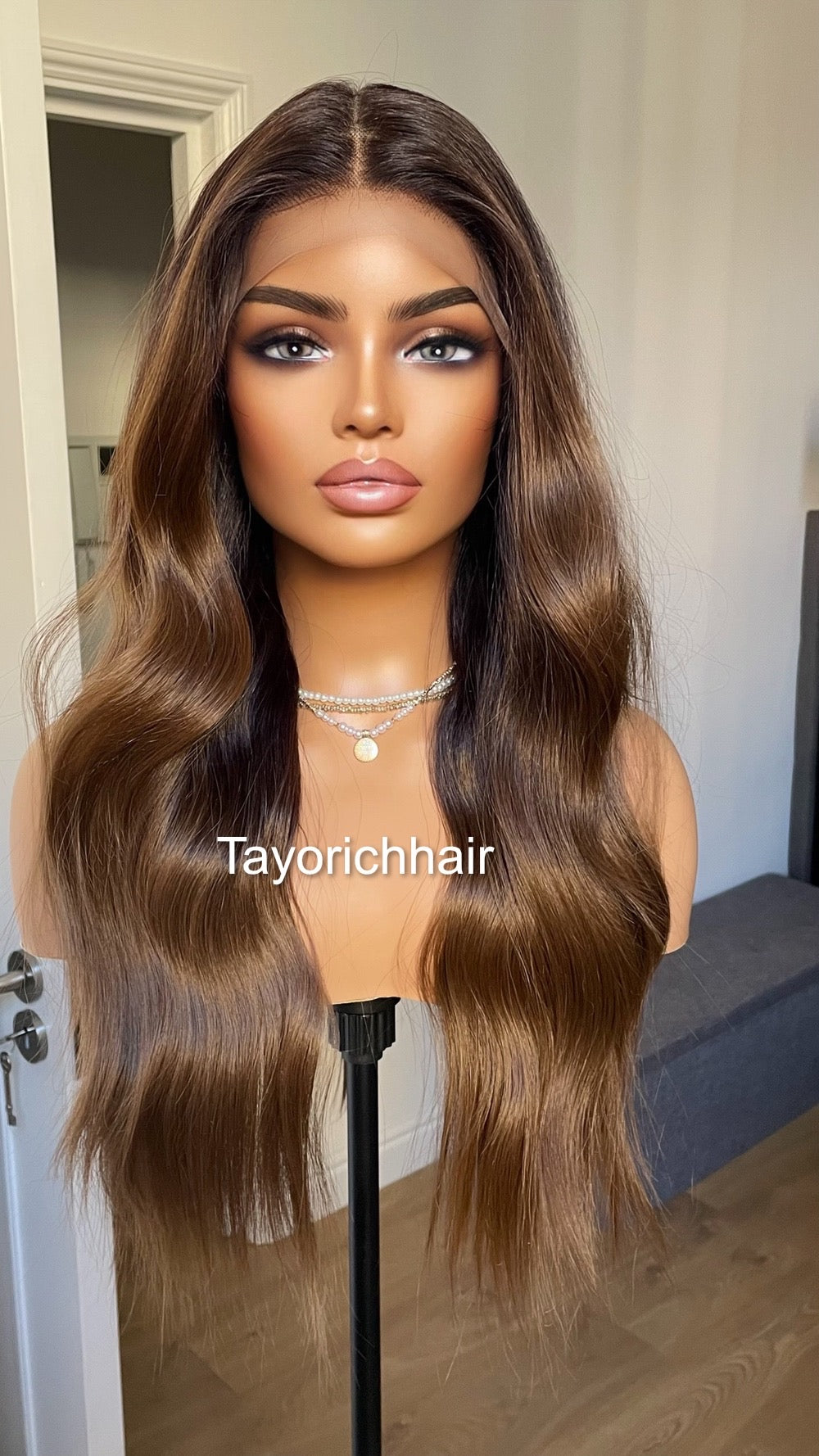 Brown And Black Synthetic Lace Front Wig With Black Roots/Middle Part Brown Wig With 13 By 6 Lace Frontal/Wigs For Brunettes By Tayorichhair
