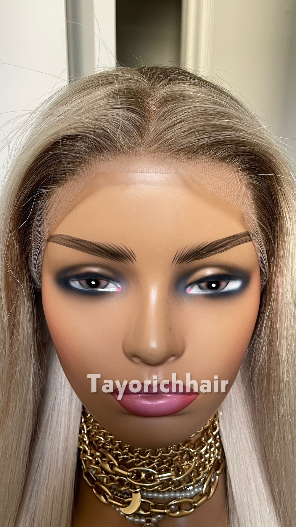 TayoRichHair 13x4 HD Lace Front Ash Platinum Blonde Straight Wig – 100% Human Hair (24 Inch, 200% Density, Dark Roots, Average Cap)
