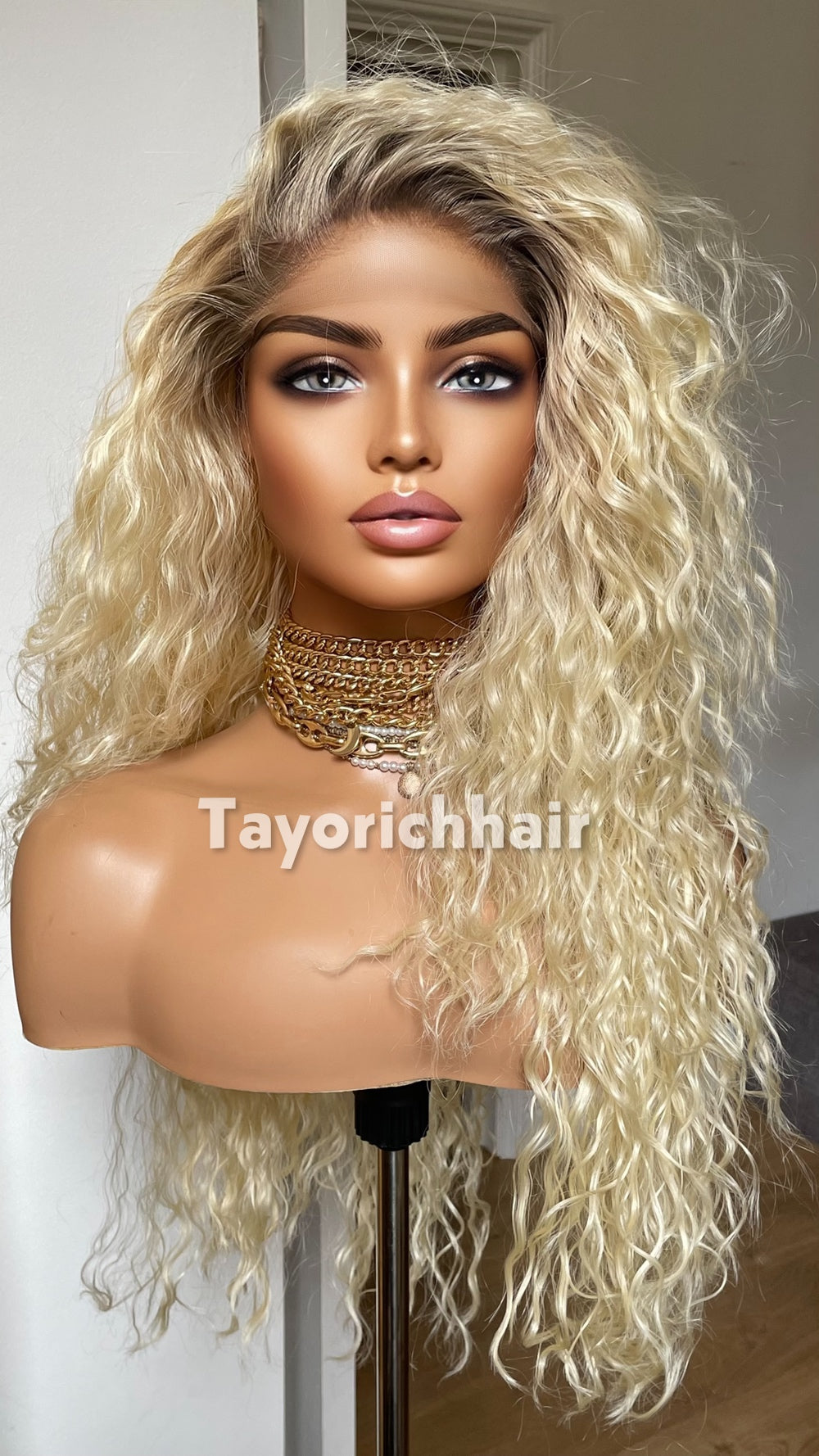 Bleach Blonde Curly Wig with Dark Roots | 20” Lightweight