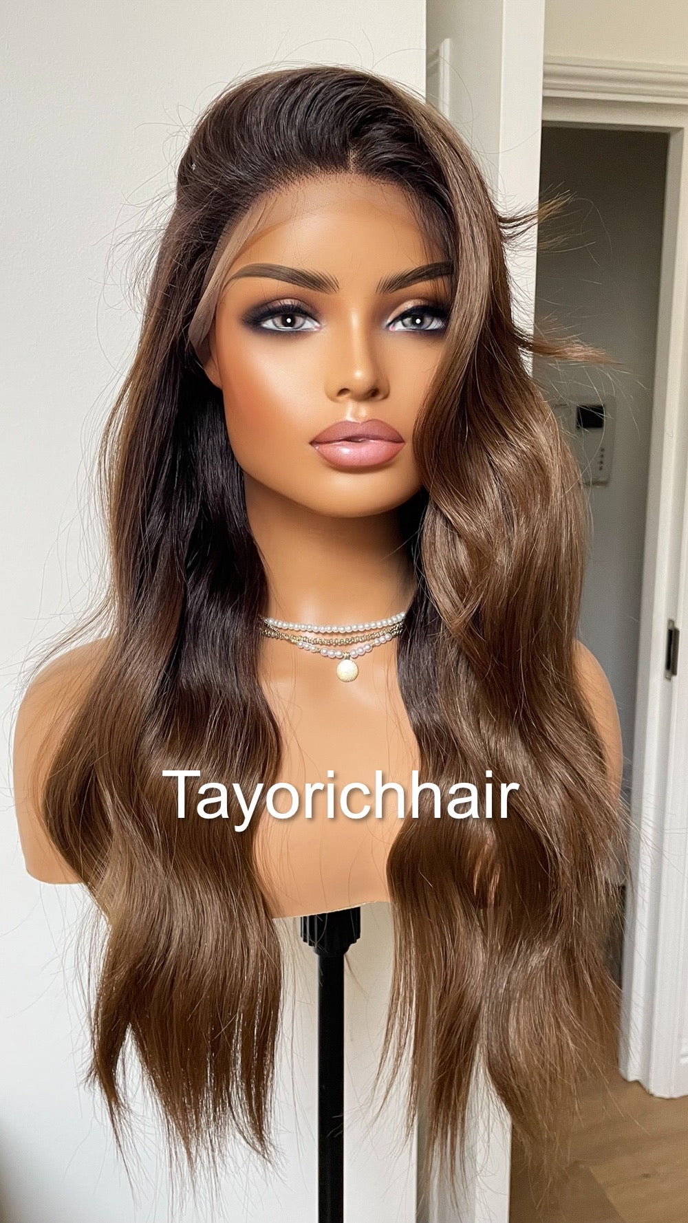 Brown And Black Synthetic Lace Front Wig With Black Roots/Middle Part Brown Wig With 13 By 6 Lace Frontal/Wigs For Brunettes By Tayorichhair