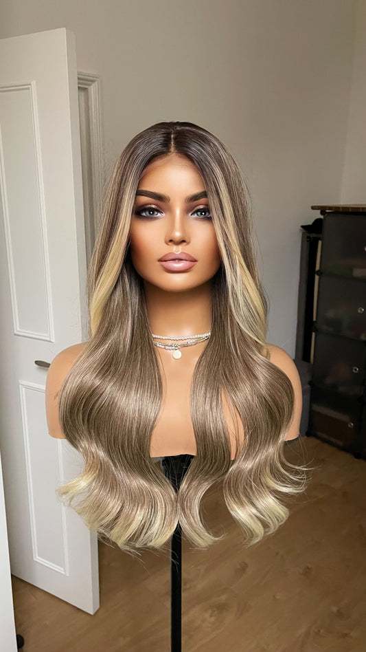 Dark Ash Blonde Lace Frontal Wig With Money Piece Highlights/ Synthetic Wig For Beginners/20 Inches hair/Ready To Ship Wigs By Tayorichhair