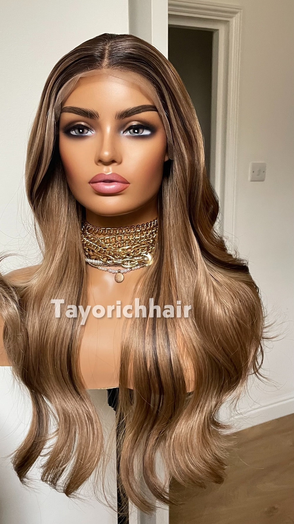 Rooted Dark Blonde Lace Wig With Highlights; Wavy Hair, Heat Resistant Synthetic