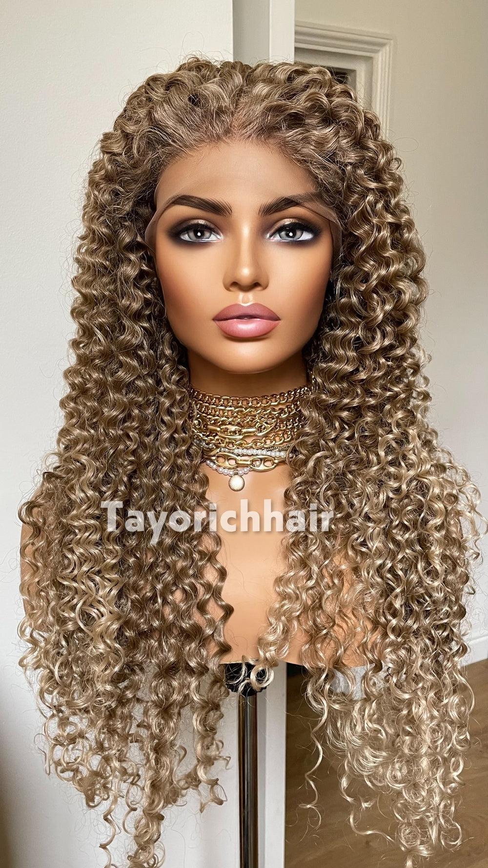 TayoRichHair | 24" Natural Ash Blonde Deep Spiral Curl Lace Front Wig (13x6 Lace)