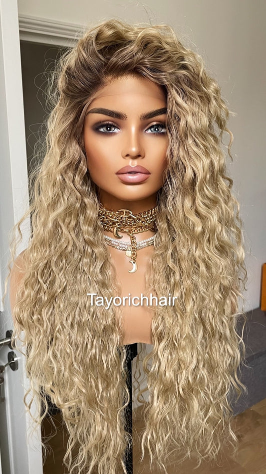 Tayorichhair 22-Inch Ash Blonde Exotic Curly Synthetic Wig – Dark Roots, 13x3 Transparent Lace Front, Small XS Cap Lightweight Daily Wear Unit