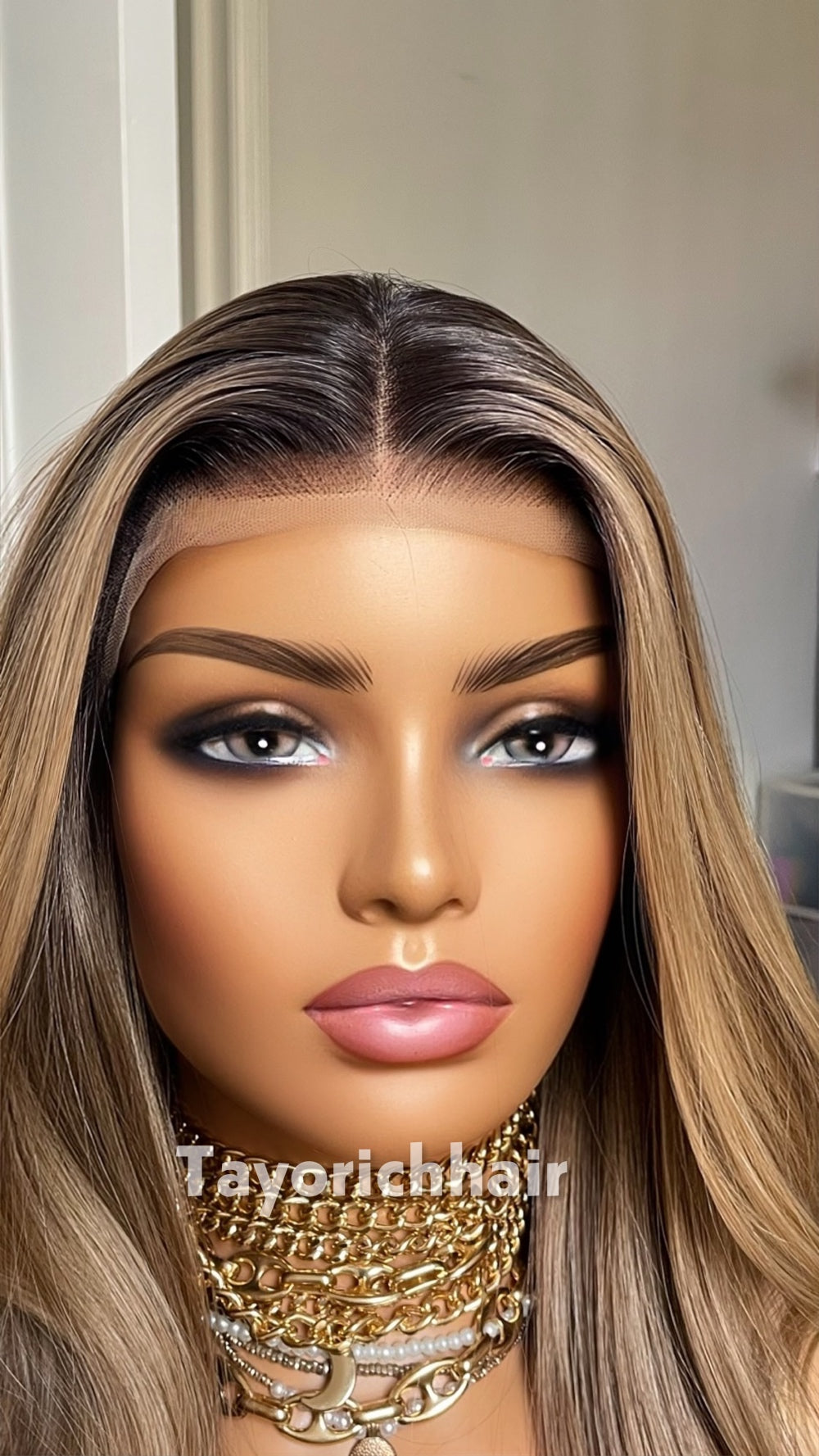 Dark Ash Brown Wig with Blonde Highlights & Black Roots | 20” Wavy