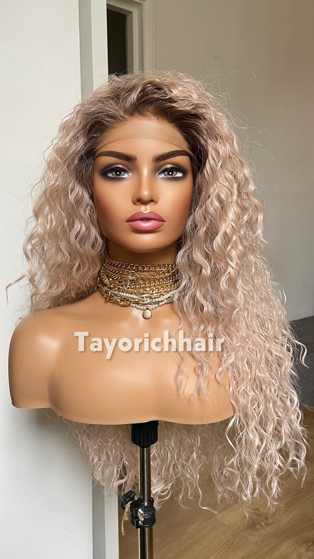 Pale Pink Curly Synthetic Lace Front Wig with Brown Roots – 22 Inch