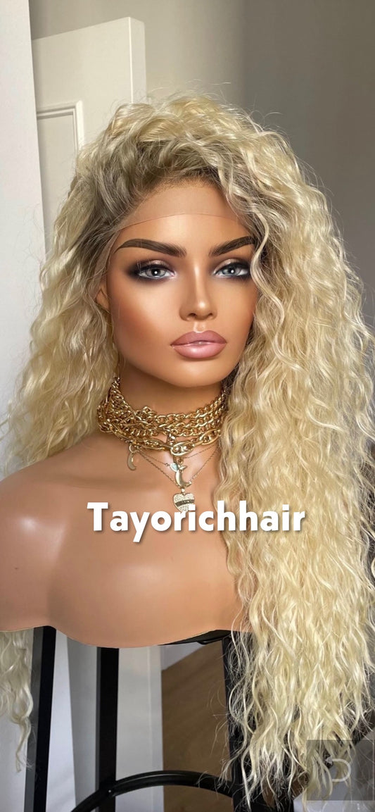 Bleach Blonde Exotic Curly Wig With Dark Roots- Shakira Curly Hair Lace Frontal Wig- Heat Friendly Curly Light Weight Wig By Tayorichhair