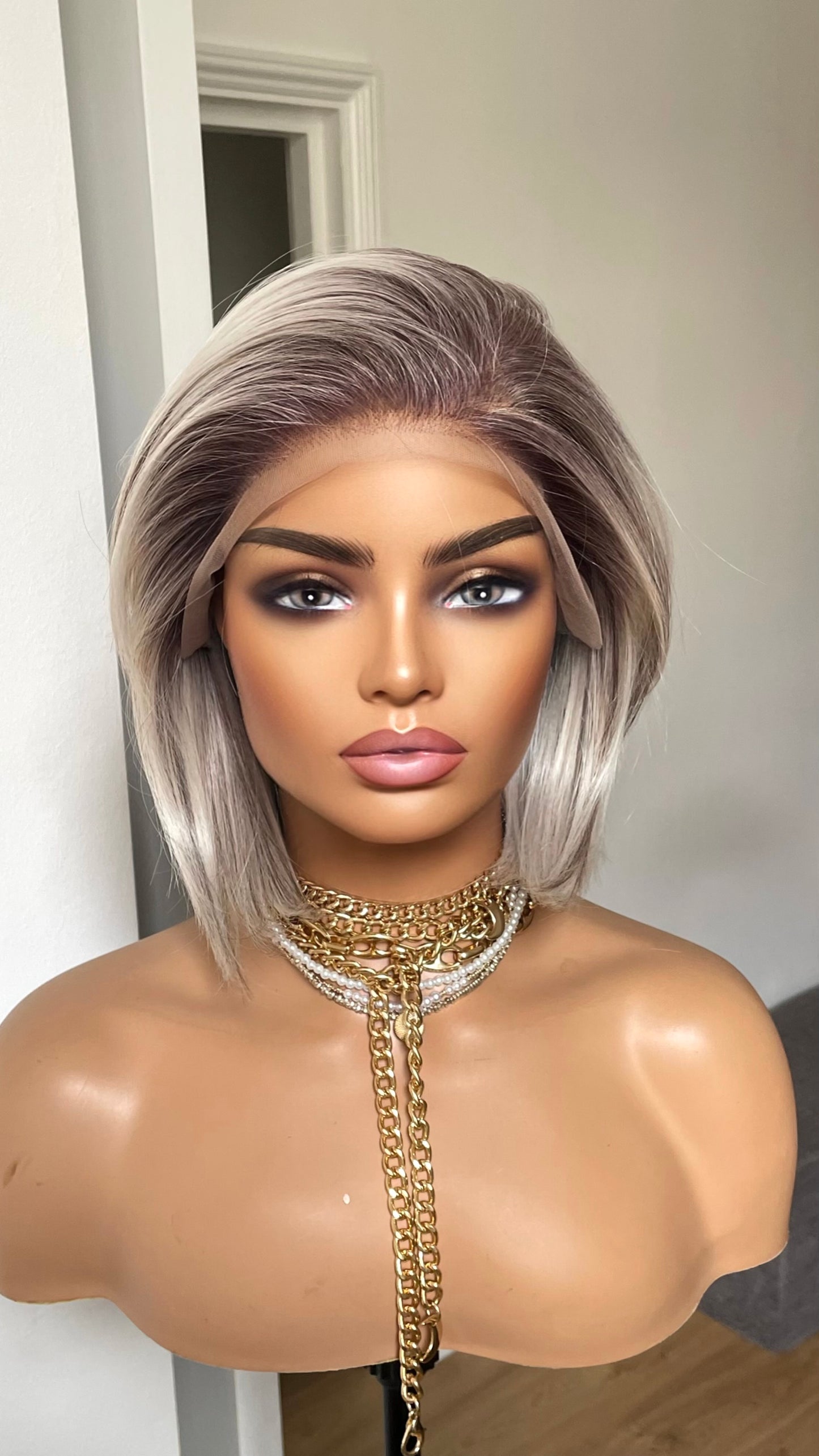 Salt and Pepper Short Bob Wig: Synthetic Lace Frontal, Brown Roots