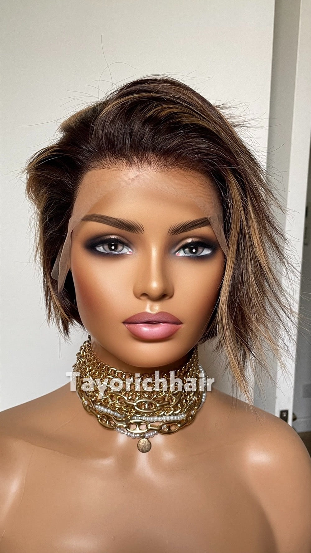 Short Brown Bob Human Hair Wig with Blonde Highlights | Straight 6 Inch Lace Front Wig | Natural Looking Bob Wig